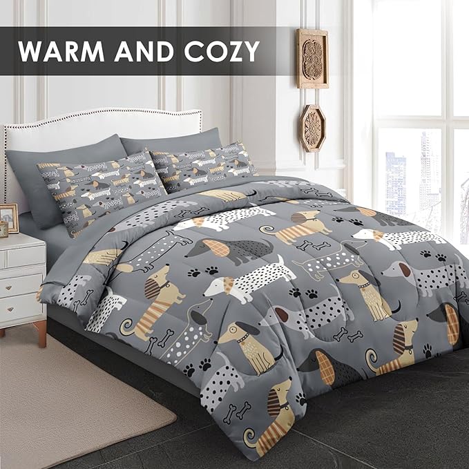 Comforter Set King Size, Cute Dog 7 Pcs Bedding for Kids and Adults, Animal Nursery Pet Bed Sheet Sets with Fitted Sheet 2 Pillowcases & 2 Shams for Bedroom Bed Decor