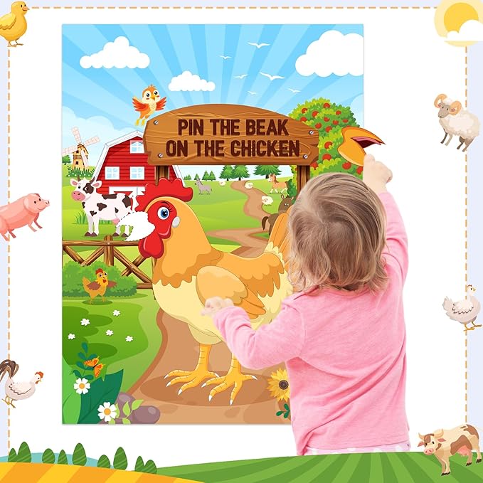 Faccito Farm Animal Games Pin The Beak on The Chicken Barnyard Birthday Party Decorations Farm Poster Games with 24 Stickers Eye Mask for Kids Family School Activities Birthday Party Decor Supplies