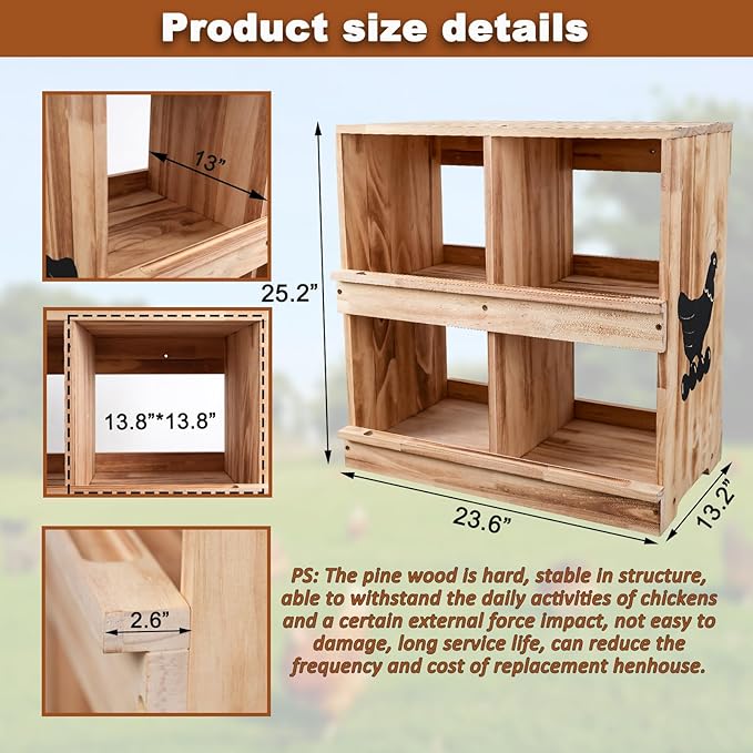 Nesting Boxes for Chickens, Chicken Laying Boxes with 4 Compartments,Pine Wood Chickens Nesting Boxe for Laying Eggs,Wall-Mounted,Large Size 23.62'L× 13.2'W × 25.2'H