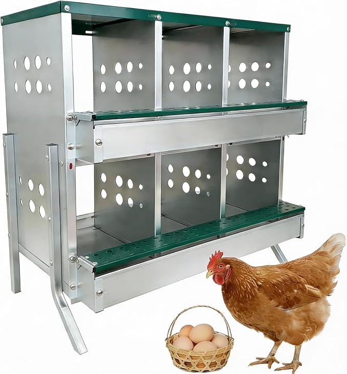 GarveeLife Wall-mountable Roll Away Metal Chicken Nesting Box for Laying Eggs, Rustproof Chicken Laying Boxes for Hens, Ventilated with Perch, Waterproof (Green, 6 Compartments with 6 Fake Eggs)
