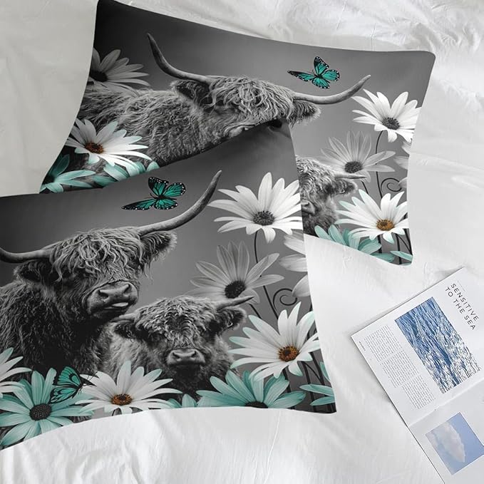 Comforter Set King Size, Highland Cow Bull Animal 7 Pcs Bedding for Kids and Adults, Flower Daisy Farm Bed Sheet Sets with Fitted Sheet 2 Pillowcases & 2 Shams for Bedroom Bed Decor