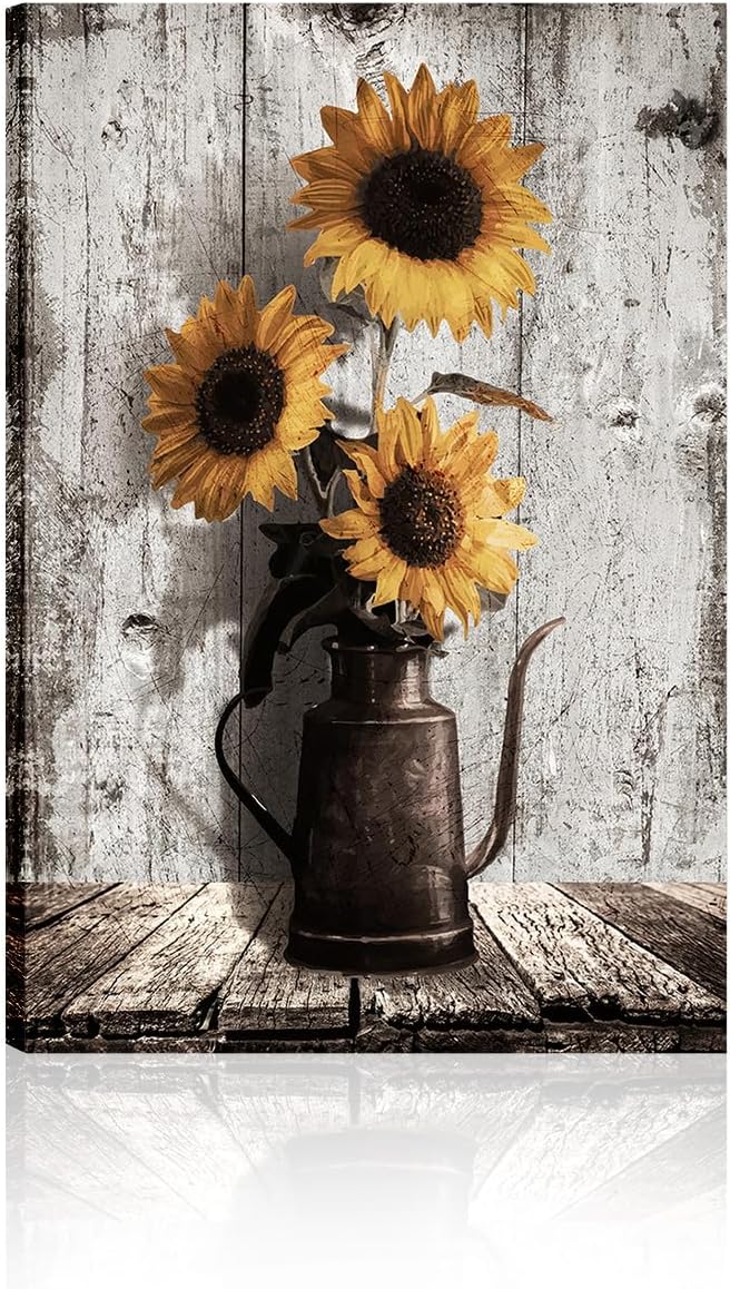 Sunflower Pictures Farmhouse Wall Art: Rustic Sunflower Paintings Canvas Wall Art for Kitchen,Yellow Sunflowers Vintage Poster Hanging Country Wall Decor for Home Living Room Bedroom 10x15 Inches