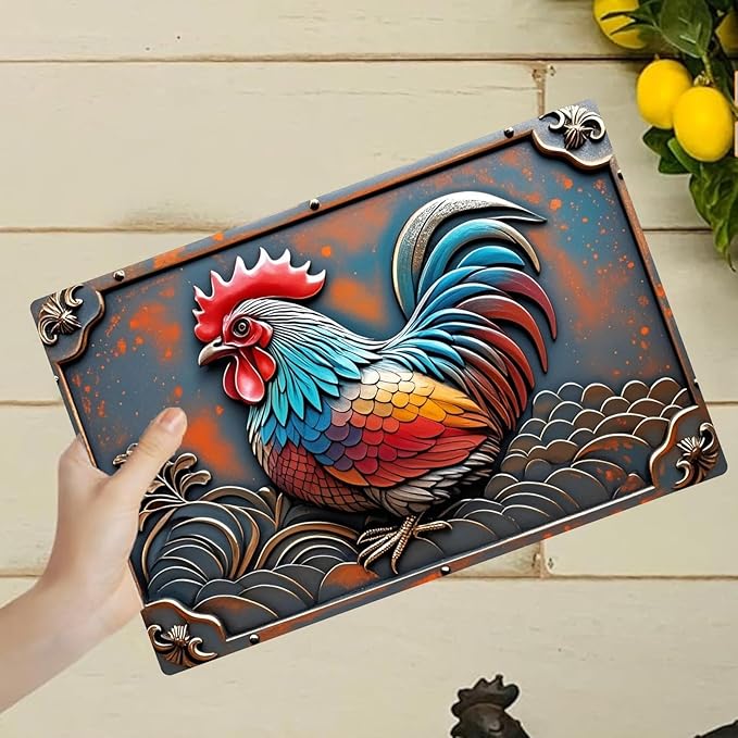 Chicken Retro Tin Sign Vintage Metal Post 2D Flat with 3D Visual Effect Wall Art Chicken Decor for Coops Farms Yard Home Bar Cafe Garage or Office - Thoughtful Chicken Gift Idea