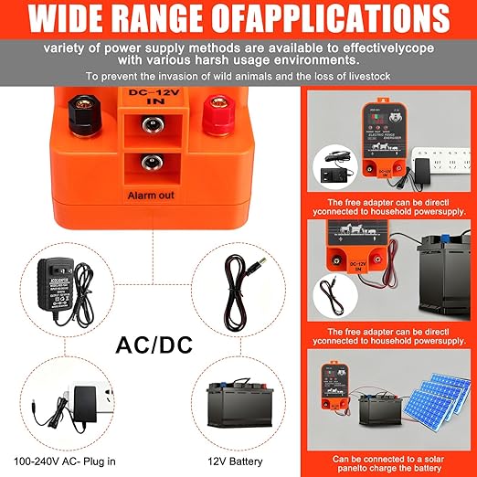 2.5j Electric Fence Charger with Digital Display & Alarm, Ac Dc 2 in 1 Power, 12v Input 8kv/12kv Output, 50 Black Electric Fence Insulator, 1 Socket Tool, 250ft Aluminum Wire Animal Control