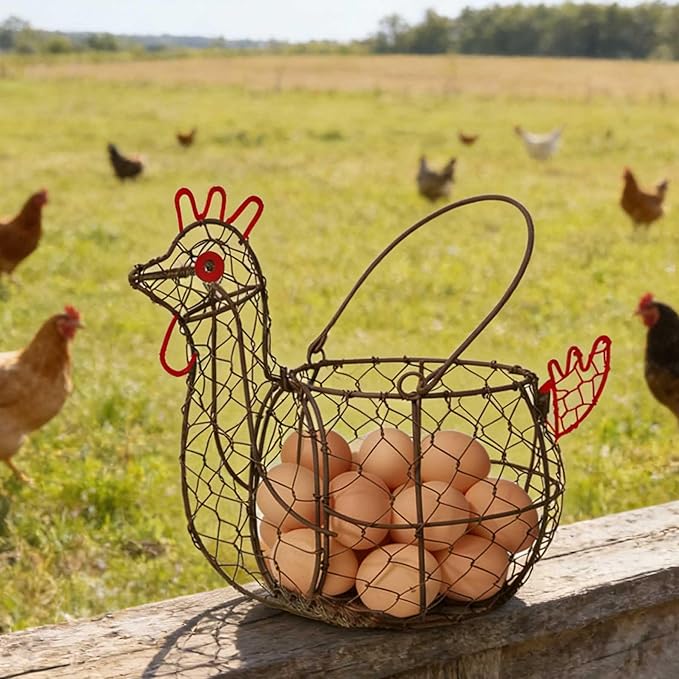 TAIANLE. Wire Chicken Egg Basket for Gathering Fresh Eggs, Rustic Rooster Shaped Egg Collecting Basket for Farm Fresh Eggs with Handle, Kitchen Countertop Storage, Vintage Farmhouse Decor Organizer