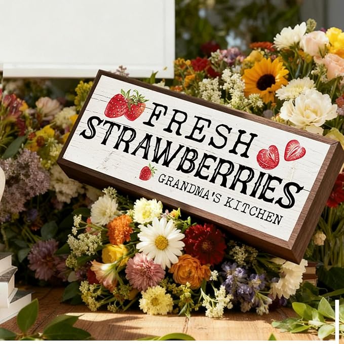 Grandma's Kitchen Wood Sign, Fresh Strawberries Sign, Country Style Wall Decoration, Rustic Home Decor for Kitchen, Gift for Grandma 9.5x3.1x1 inches