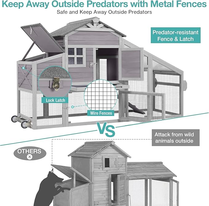 Outdoor Chicken Coop with Run, 2-Story Wooden Hen House with Wheels, Waterproof Roof & Pull-Out Tray for 2-4 Chickens (Grey)