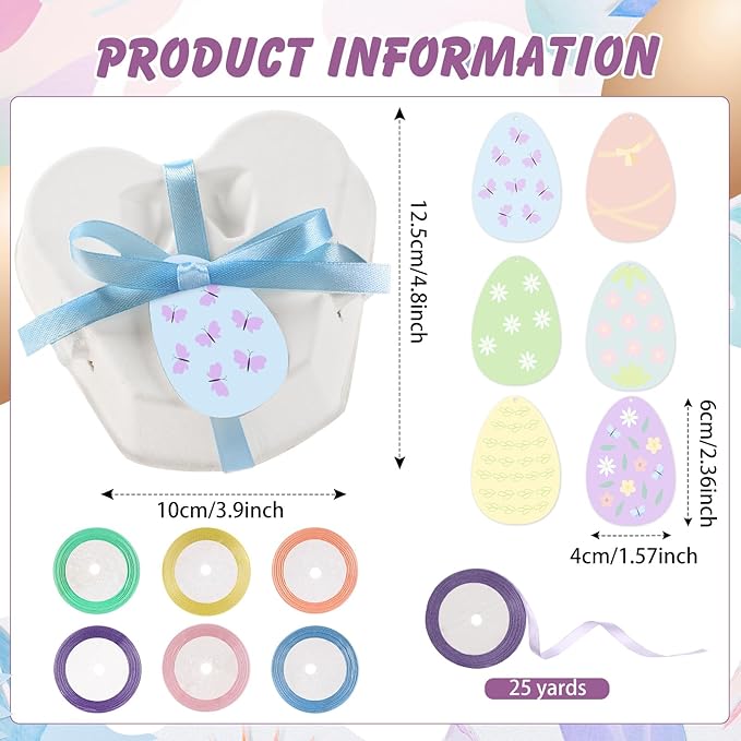 36 Pcs Easter Egg Cartons White Heart Shaped Egg Holder Natural Pulp Paper for Chicken Eggs with Macaron Color Label Ribbon for Easter Gift, Arts and Crafts Reusable (Cute)
