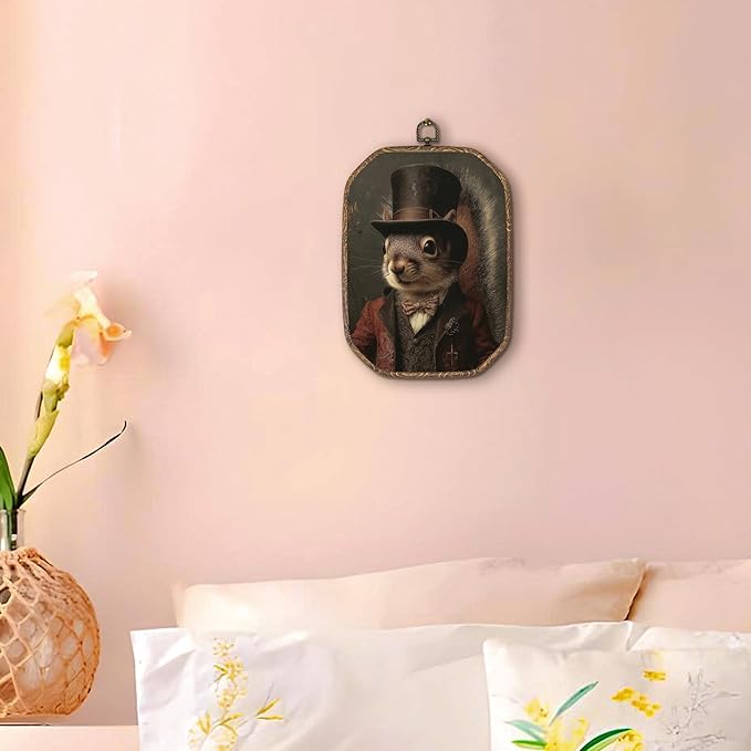 Hxlac Victorian Squirrel Rectangular Wall Art Framed, Vintage Victorian Style Animal Rectangular Wall Decor, Autumn Squirrel Hanging Canvas Prints Wall Sculptures for Farmhouse Home Room Decor, 7.1x10.2 Inch