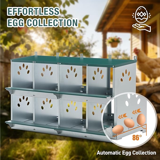 8 Compartment Metal Chicken Nesting Box, Roll Out Hen Laying Box for Easy Egg Collection, Wall Mount Poultry Nest Box for Backyard Chickens, Green, 42.72" L x 16.34" W x 26.38" H