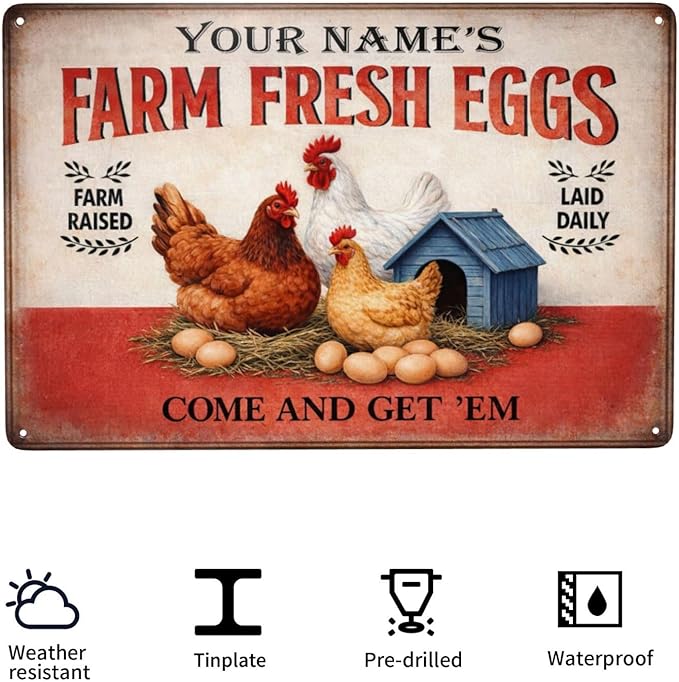 Personalized Metal Sign Farm Fresh Eggs Custom Name Rustic Wall Decor Farm Raised Laid Daily Chicken Coop Decor for Kitchen Backyard Barn Chicken Coop Gift