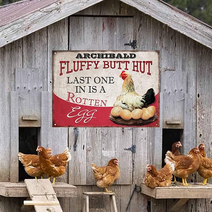 Personalized Fluffy Butt Hut Chicken Coop Sign, Custom Farmhouse Metal Sign with Spoiled Hens Wall Art, Funny Backyard Chicken Decor for Coop, Barn, Farm, Rustic Vintage Style DS5