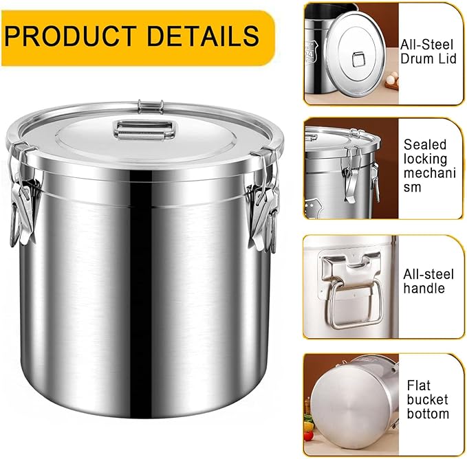 Stainless Steel Dog Food Storage Containers with Airtight Lid and Locking Clamp, 5-30L, Large Food Storage Container Metal Pet Food Bin for Dogs, Cats & Birds Seed