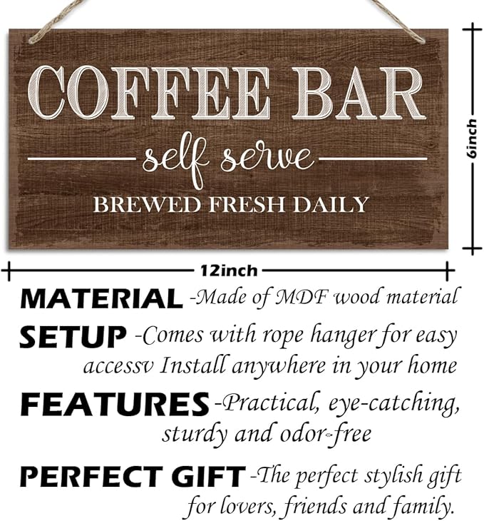 Coffee Bar Self Serve Brewed Fresh Daily Hanging Decor Sign, Funny Coffee Bar Decorative Sign, Vintage Kitchen Decor, Retro Wood Grain Hanging Decors 12 x 6 Inches