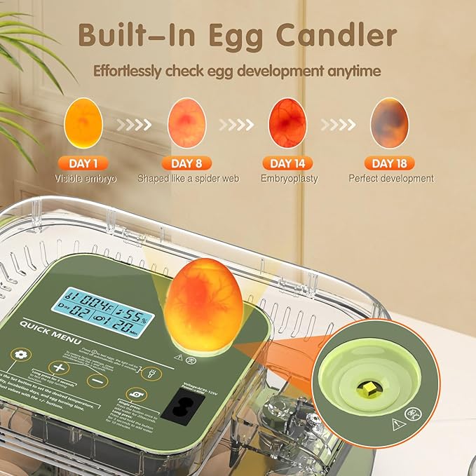 12 Egg Incubator with Automatic Turning, Temperature and Humidity Control, LED Egg Candler, and Auto Water Addition, for Hatching Chicken, Goose, Duck, Quail, Pigeon, and Turkey Eggs