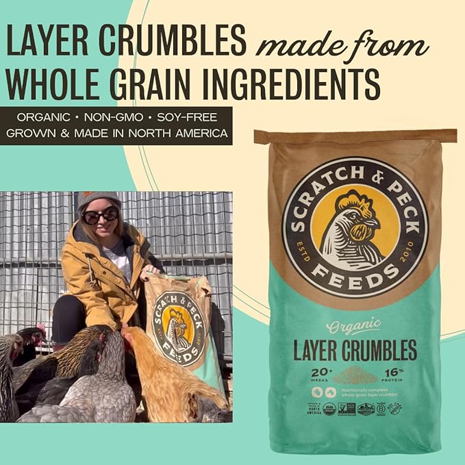 Scratch and Peck Feeds Whole Grain Layer Crumbles Chicken and Duck Feed - 25 lbs Bag - Corn-Free and Soy-Free - 16% Protein, Certified Organic and Non-GMO Project Verified Chicken Food