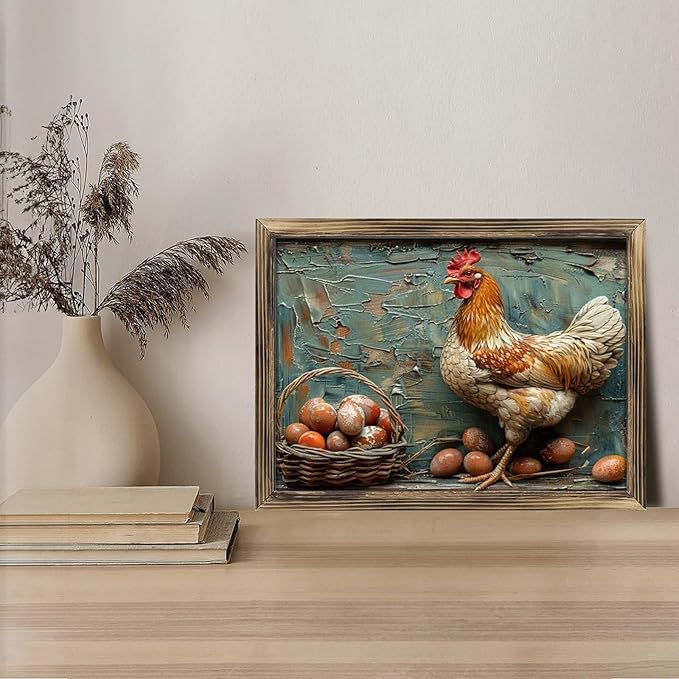 Rustic Long Wooden Framed Art Rustic Hen Eggs Basket Texture Farmhouse Style Wall Decor Sign for Tabletop Or Hanging - Durable Handcrafted Wood Print - Home & Office Decoration