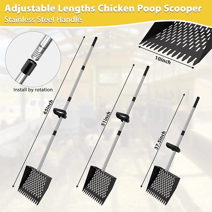 Chicken Poop Scooper - 2-in-1 Chicken Coop Scoop & Rake,65inch Adjustable Long Handle Chicken Scooper for Poop with Grip, Sifting Litter Shovel Scoop for Chicken Coop,Goat Stall and Stable Cleaning