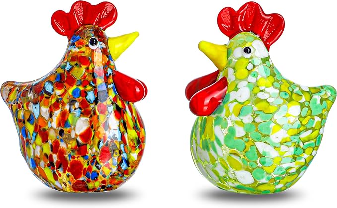 H&D HYALINE & DORA Set of 2 Mini Glass Rooster Figurines Art Blown Glass Chicken Collectible Figurine Crystal Animal Ornaments for Farm Thanksgiving Centerpiece Decor