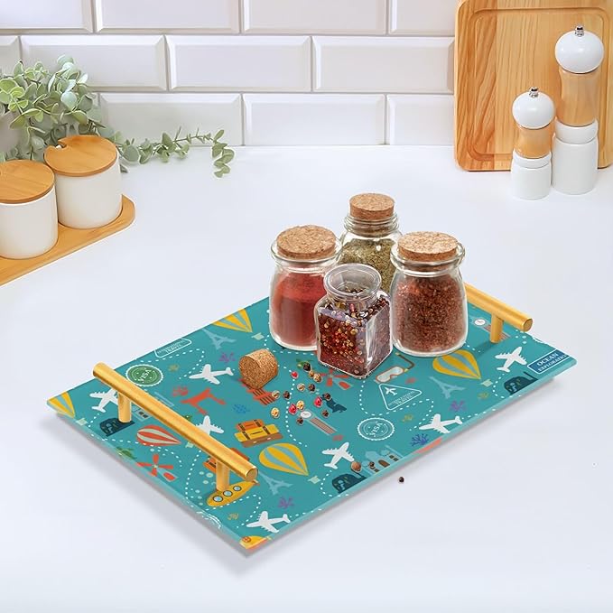 Bathroom Vanity Tray Counter Organizer, Ocean Exploration Travel Pattern Decorative Tray with Handles Countertop Storage for Bathroom Bedroom Kitchen Home Farmhouse