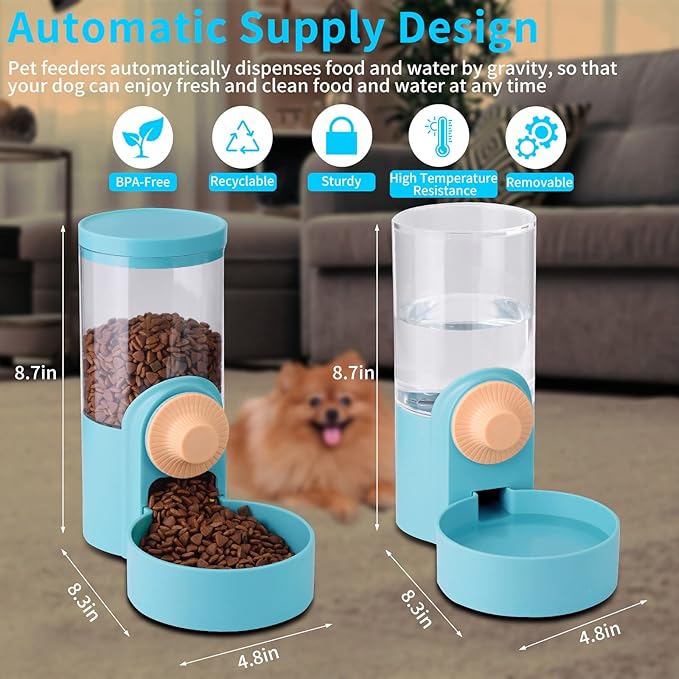 Kenond 40oz Hanging Automatic Rabbit Food and Water Dispenser, Dog Cage and Ferret Feeder, Gravity Cat Feeder Set, Cage Food Bowl for Bunny, Guinea Pig, Chinchilla (Green)