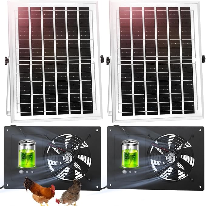 Solar Exhaust Fan with Battery and 3H/6H Timer, High Speed IP65 Waterproof Solar Powered Ventilation Fan for Chicken Coop, Greenhouse, Dog House and Shed, Low Noise (16.4FT Cord, 2 Pack)