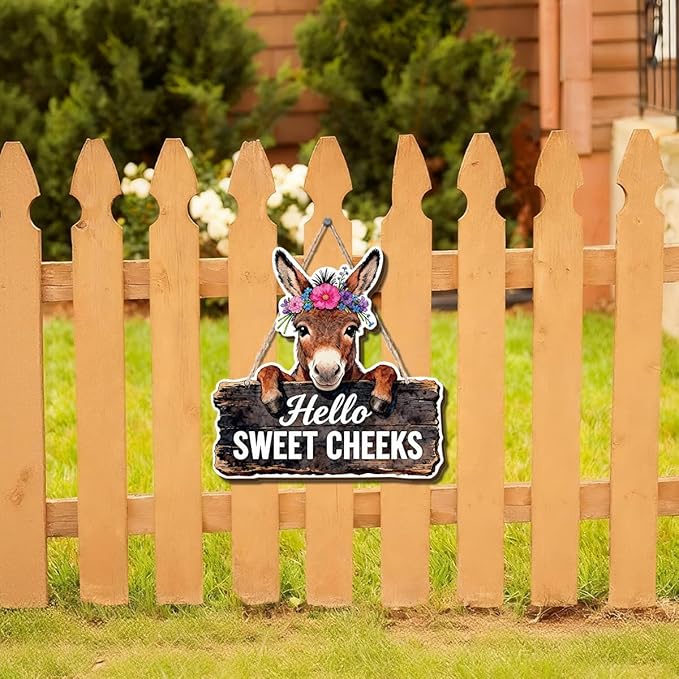Farmhouse Bathroom Wall Decor, Hello Sweet Cheeks Donkey Sign, Rustic Wood Hanging Plaque, Watercolor Farm Animal Wall Art Painting Style for Bathroom Front Door Country Home, 9.8x9.8 Inches