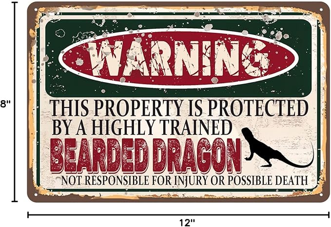 Vintage Bearded Dragon Metal Sign， Warning this property is protected bY a highly trained Bearded Dragon Sign Funny Tin Signs 12x8 Inch