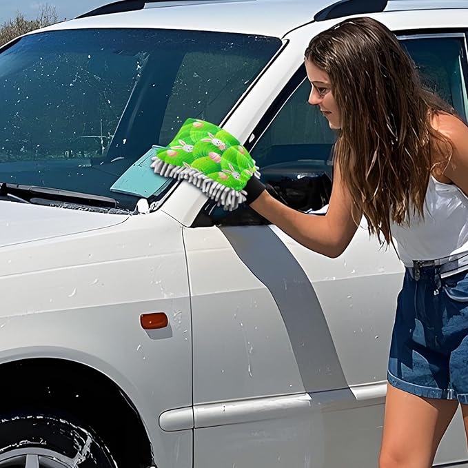 Emelivor Easter Bunny Egg Meadow Car Wash Mitt Microfiber Cleaning Gloves Brush Scrub Mitts Pads Non Scratch for Car Home Cleaning 2 Pack