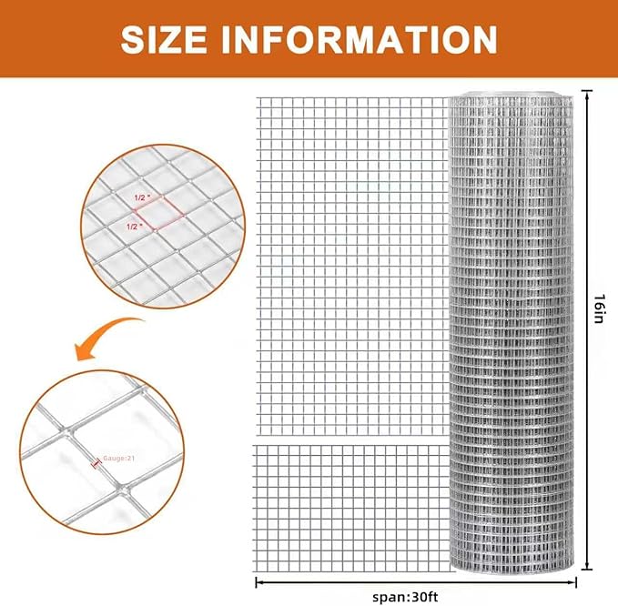Hardware Cloth, 1/2 inch 16inx30ft 21GA Hot-dip Galvanized Wire Mesh, Wire Fence, Chicken Wire Mesh,Poultry Farming, Garden Fence,Wire Mesh, Tree Protection, Gopher Wire, Rabbit Wire.
