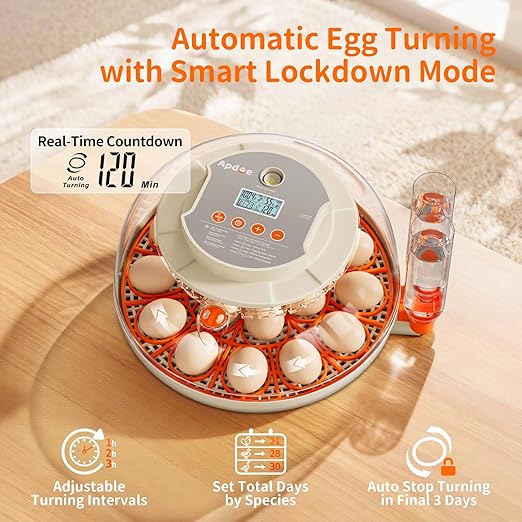 18 Egg Incubator, 2 Egg Trays, Automatic Egg Turning with Auto Stop, Humidity Control, Adjustable Incubation Day & Period, Auto Water Refill, for Chicken, Quail, Duck & Turkey Eggs, APDOE HatchPro 18