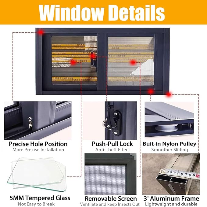 40x25in 36x16in 20x12in Window for Houses, Basement Replacement Windows Aluminum Sliding Window White/Black for Bathroom/Shed/Chicken Coop(Black,26x24in)