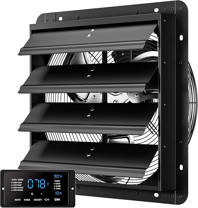 16 Inch EC Motor Shutter Exhaust Fan, 6 Inch Large Touchscreen Controller for Temp Humidity and Speed Control, 10-Speed Wall Mount Fan for Attic, Greenhouse, Garage, Chicken Coop Ventilation