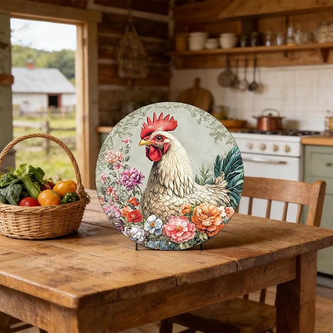 Chicken Coop Hen Round Vintage Metal Tin Sign Flower Kitchen Farmhouse Wall Signs Vintage Wall Art Decoration Poster for Chicken Lovers Decor 8 Inch