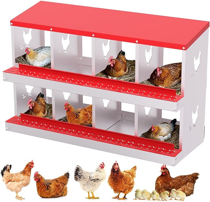 8 Holes Chicken Nesting Boxes, 2 Tiers 8 Compartments Metal Egg Laying Boxes, Wall Mount or Free Standing, Ventilated for Chickens, Hens, Ducks, Farm, Yard, Poultry Coop Accessories, Easy to Clean