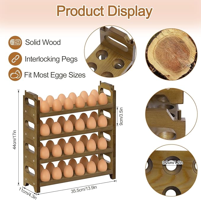 Tuenort Wooden Egg Holder for Countertop, 4 Tier Egg Rack for 48 Eggs, Kitchen Counter Wood Egg Organizer Tray Racks, Fits Quail, Duck, Turkey, Chicken Eggs