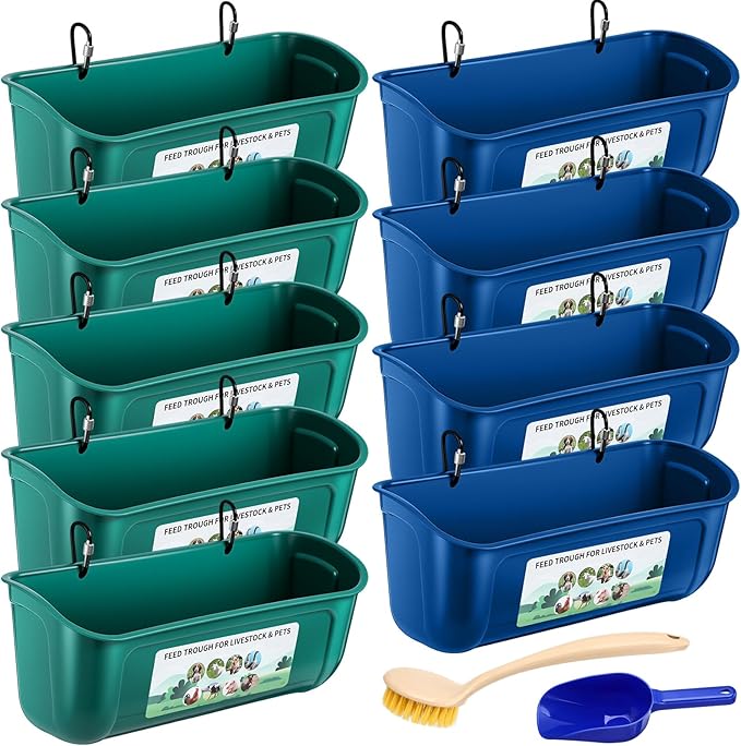9 Pack Chicken Duck Feeder Waterer Hanging Goat Feeder Trough 2.5 Quart Livestock Feeding Trough with Scoop & Brush for Pig, Poultry, Fence Feeding, 22.5 Quart Total (Green,Blue)