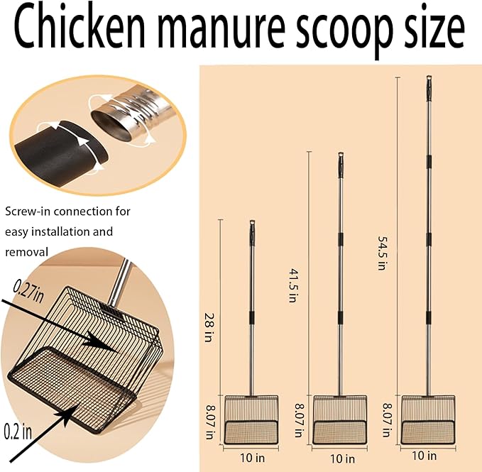 10 in Extra Large Chicken Poop Scooper,4-in-1 Stainless Steel Handle, Adjustablechicken Poop Scooper, Suitable for Chicken Coop Cleaning Cat Litter Other Heavy Duty Poop Scoop（Extra Large）