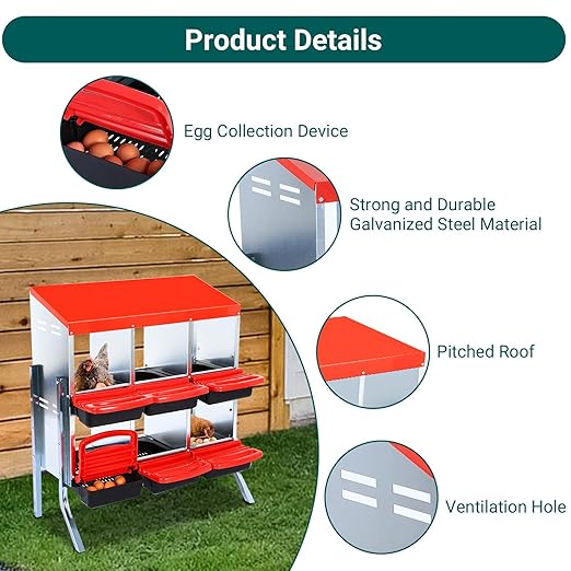 Garvee Chicken Nesting Boxes, 6 Hole Metal Chicken Laying Box with Removable Trays for Chicken Coop, Red, with Metal Legs