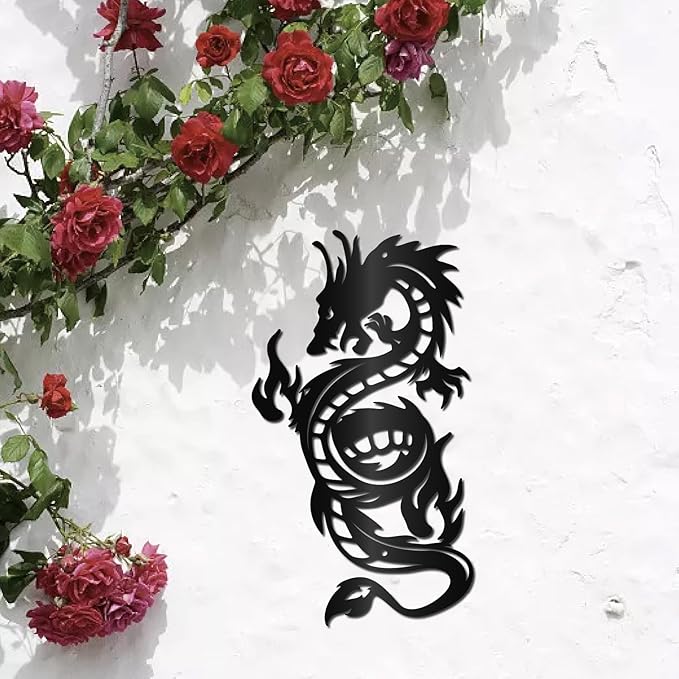 CREATCABIN Metal Dragon Wall Art Black Iron Signs Asia Japanese Chinese Dragon Sculpture Hanging Hollow Wall Artwork Ornament Decoration for Living Room Office Outside Garden Balcony 11.8 x 5.3 Inch
