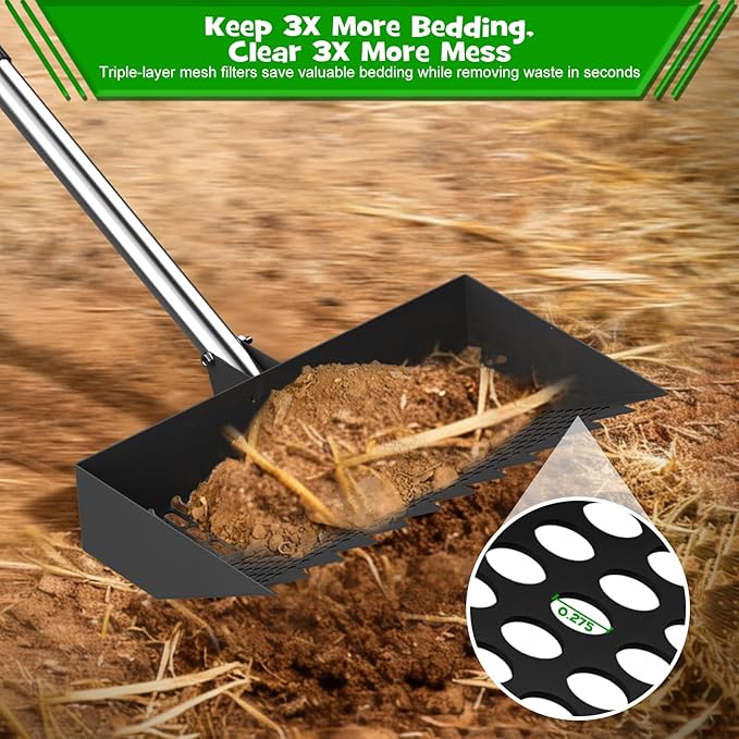 Chicken Poop Scooper & Rake 2-in-1 – 12 Inch Shovel Head & 3-Angle Adjustable Stainless Steel Handle, Chicken Litter Scoop and Coop Rake & Sand Sifting Shovel for Chicken Coops, Black
