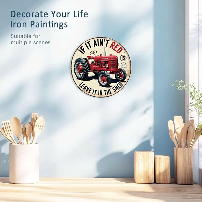 Tractor tin sign, Vintage Farm Vehicle metal sign Print Aesthetic Room Decoration for Home Bedroom Bar Cafe Garden and Outdoor Round Wall Decor (12 inch)