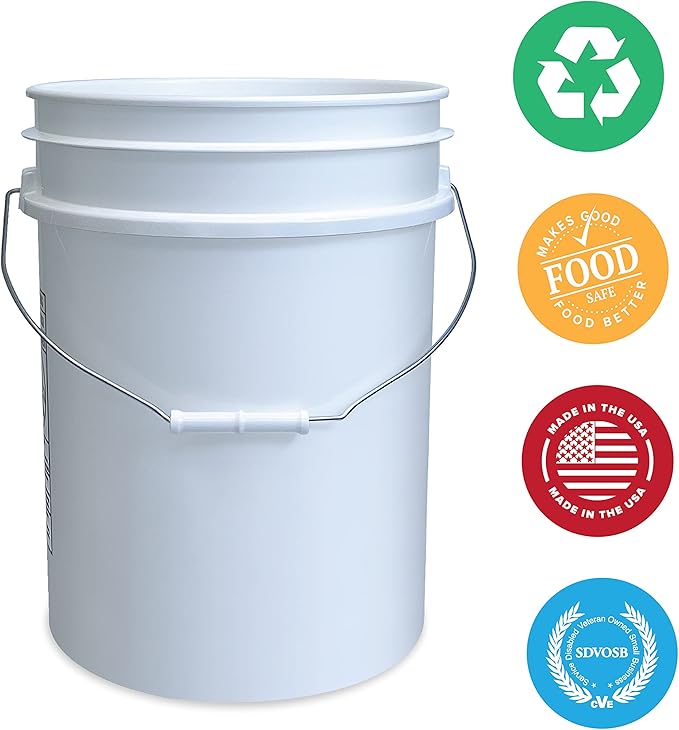 5 Gallon Bucket Only | Made in USA | Food Grade | Durable 90 Mil All Purpose Pail | BPA Free | Premium HPDE | Easy Stack and Store | Lids Not Included (White, 6)