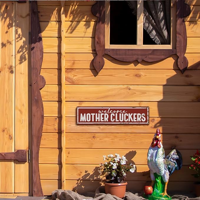 Rustic Farmhouse Style Chicken Coop Sign, Metal Outdoor Chicken House Signs, Welcome Mother Cluckers, Retro Metal Tin Sign, Farmhouse Decor, Backyard Hen House Gift 15.8x4 Inch