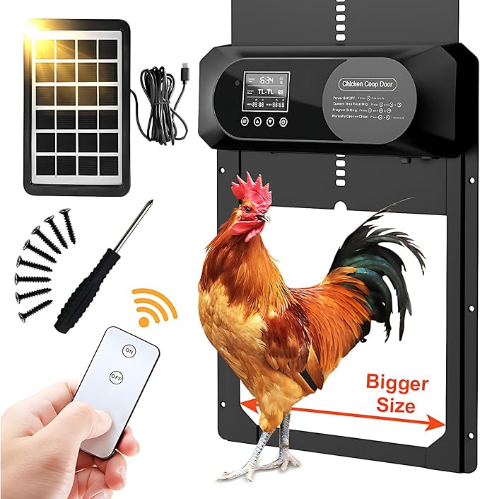 Large Size Automatic Chicken Coop Door Solar Powered,15.9"H x 12"L x 2.28"W,Aluminum Alloy Chicken Door with LCD Display,Timer & Light Sensor,4 Control Modes,Anti-Pinch Coop Door with Remote Control