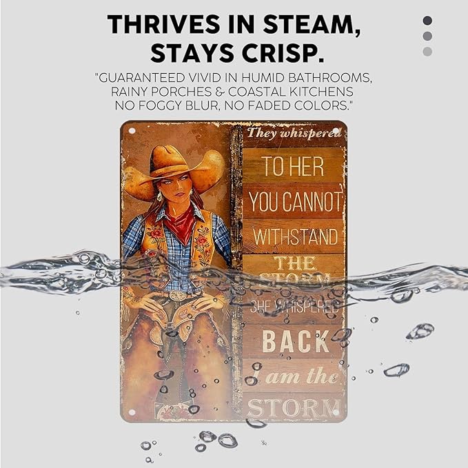 Vintage Cowgirl Tin Sign They Whispered To Her You Cannot Withstand The Storm Retro Inspirational Metal Poster Rustic Western Plaque Wall Decor For Home Bedroom Cafe Kitchen Bar 16 * 12In