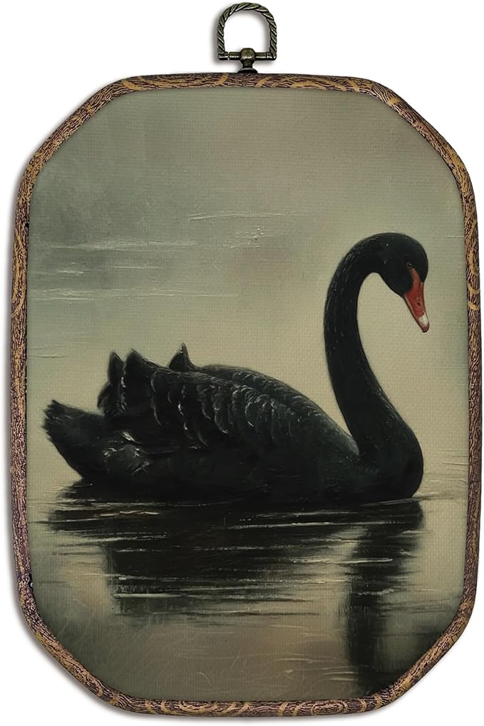 Yorhifa Vintage Black Swan Framed Wall Art, Antique Black Swan Oval Wall Art, Rustic Elegant Animal Oval Walls Decor, Retro Moody Canvas Artwork Hanging Decor, 7x10.2in