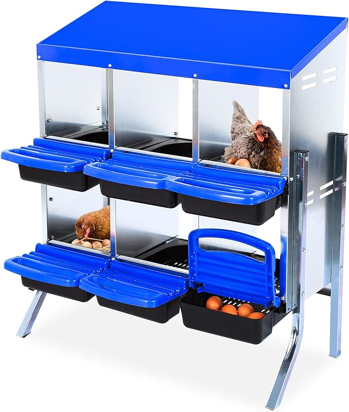 Chicken Nesting Boxes, Roll Away Nesting Box 6 Hole Metal Chicken Egg with Leg for Chicken Coop, Swing Perch and Rollout Egg Collection, Blue