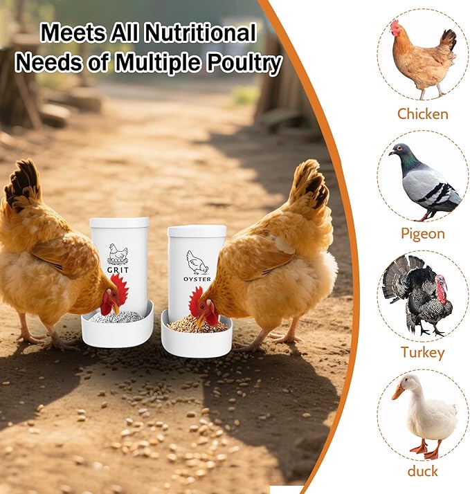 2 Pack Chicken Grit Feeder and Oyster Shell Feeder Combo，Heavy-Duty PVC Chicken Feeder with Large Capacity，Gravity Automatic Filling of Chicken Coop Accessories for Healthier Hens and Eggs.