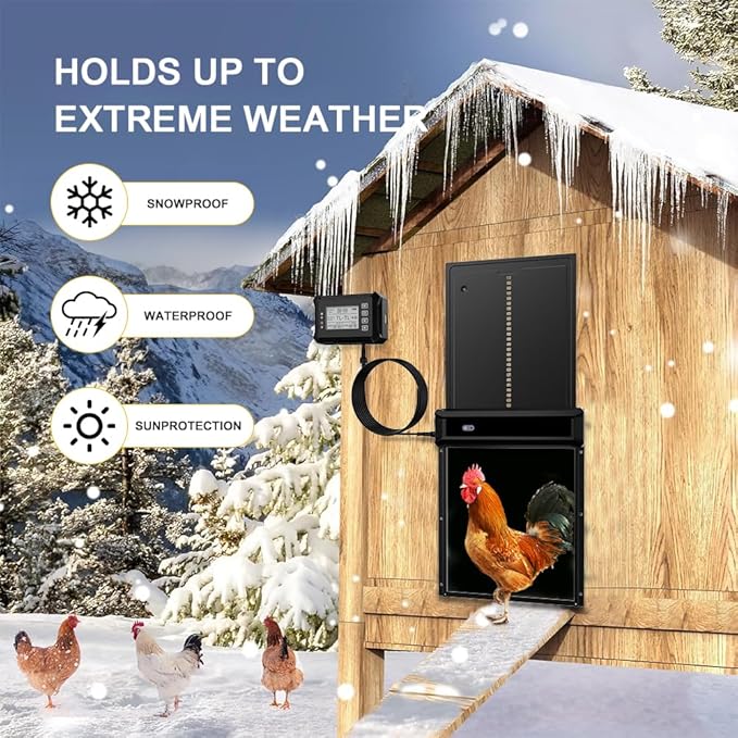 Large Size Automatic Chicken Coop Door Solar Powered Chicken Door with Independent LCD Display and Remote Control, Anti-Pinch & Aluminum Alloy Weather Proof Electric Coop Accessories with 4 Modes